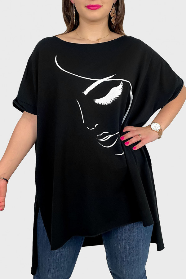 Bluzka damska oversize w kolorze czarnym dłuższy tył Woman line art 1