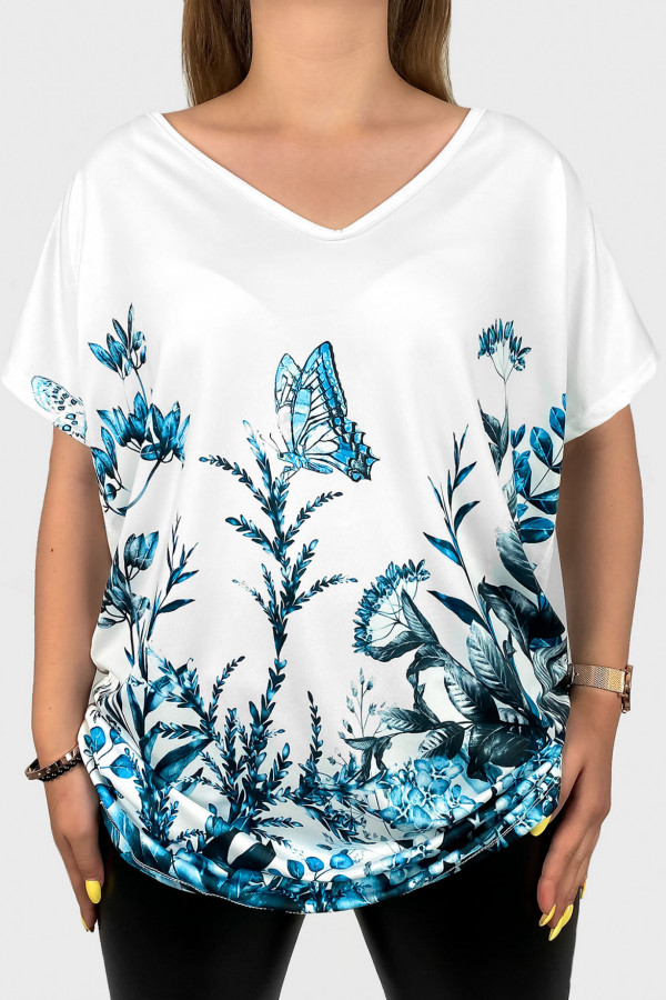 Bluzka damska plus size nietoperz dekolt w serek multikolor wzór turkus kwiaty