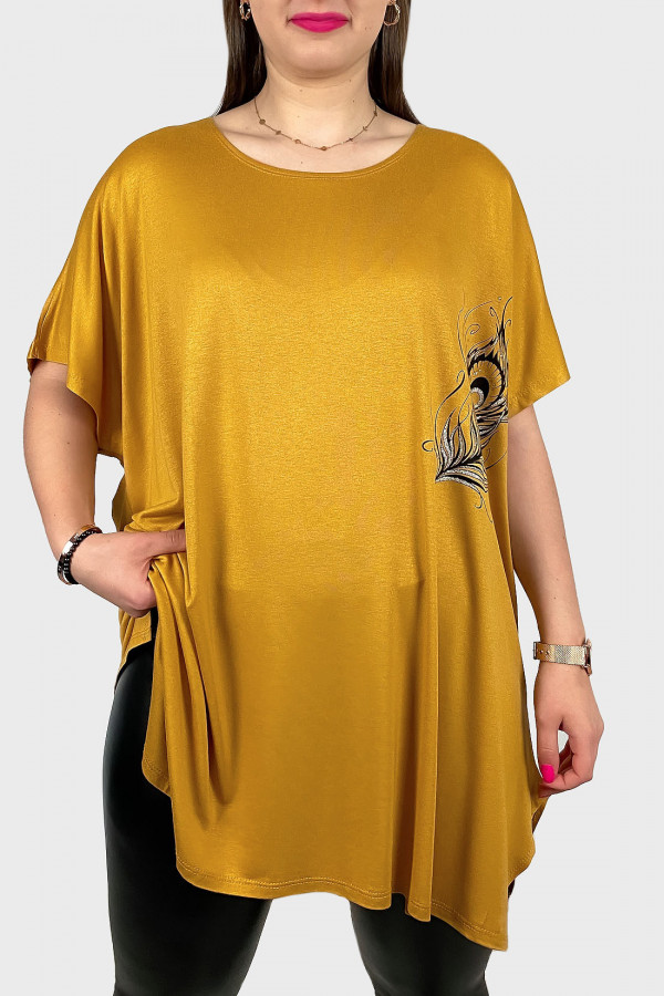 Tunika plus size luźna bluzka z wiskozy w kolorze musztardowym pawie pióro boho