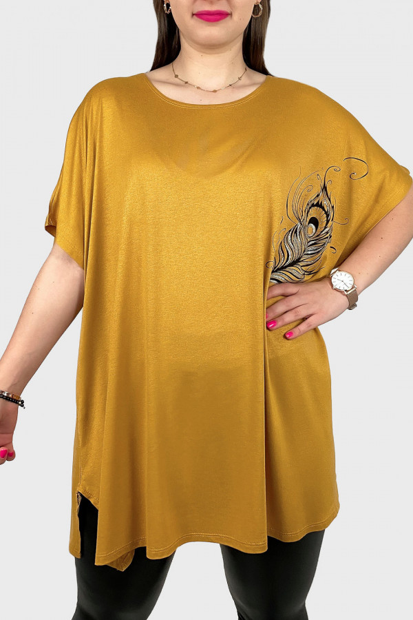 Tunika plus size luźna bluzka z wiskozy w kolorze musztardowym pawie pióro boho 1