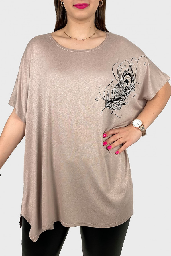 Tunika plus size luźna bluzka z wiskozy w kolorze beżowym pawie pióro boho