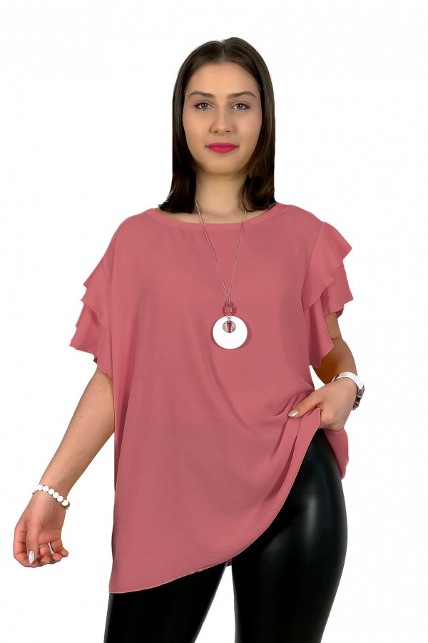 Bluzka plus size w kolorze brudnego różu z naszyjnikiem motylkowy rękaw Sara 1