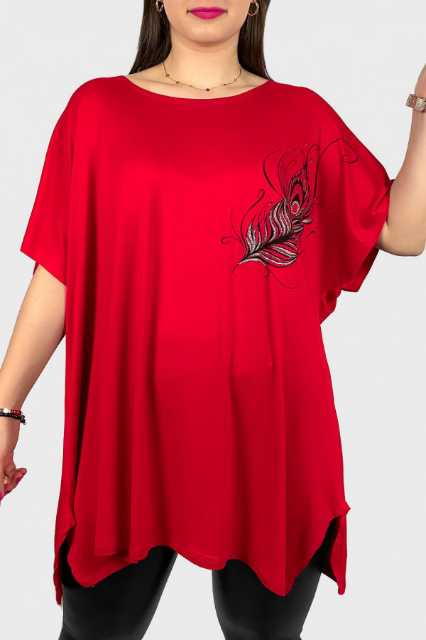 Tunika plus size luźna bluzka z wiskozy w kolorze czerwonym pawie pióro boho