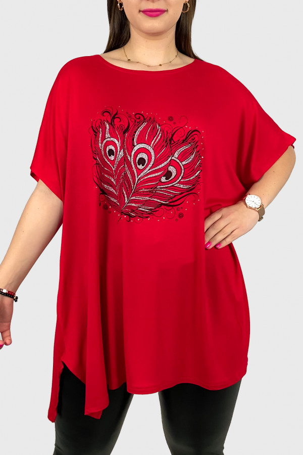 Tunika plus size luźna bluzka z wiskozy w kolorze czerwonym trzy pawie pióra 2