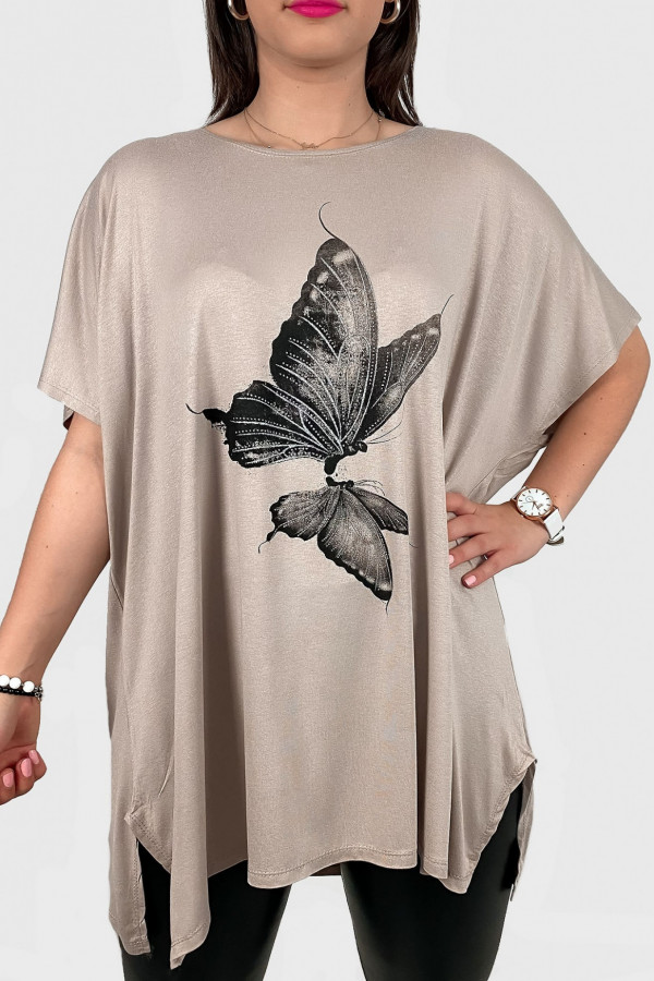 Tunika plus size luźna bluzka z wiskozy w kolorze beżowym motyl butterfly
