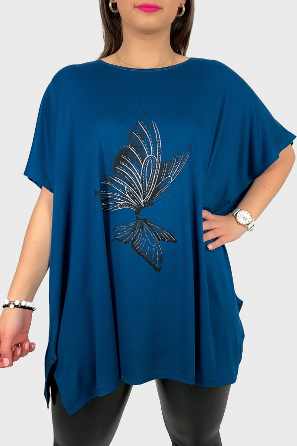 Tunika plus size luźna bluzka z wiskozy w kolorze morskim motyl butterfly