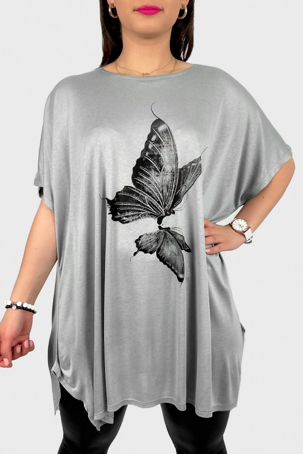 Tunika plus size luźna bluzka z wiskozy w kolorze szarym motyl butterfly