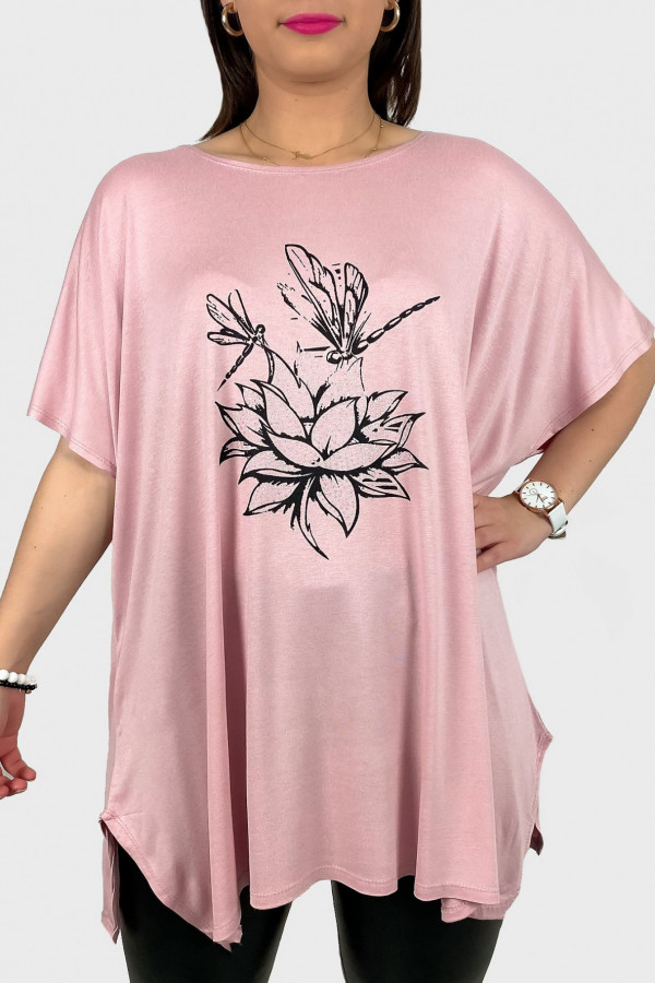 Tunika plus size luźna bluzka z wiskozy w kolorze pudrowym kwiat ważki