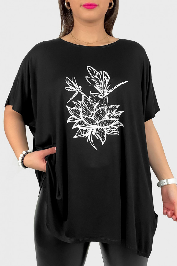 Tunika plus size luźna bluzka z wiskozy w kolorze czarnym kwiat ważki