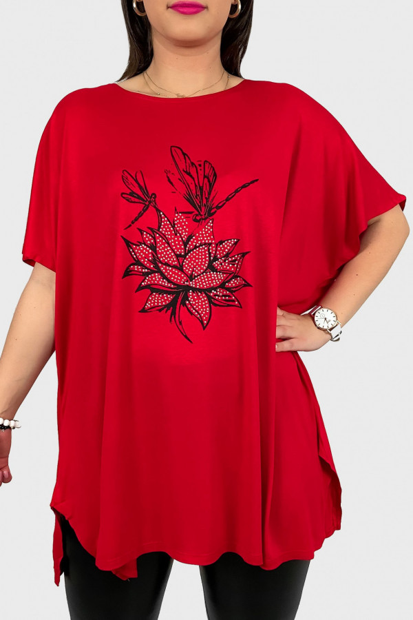 Tunika plus size luźna bluzka z wiskozy w kolorze czerwonym kwiat ważki