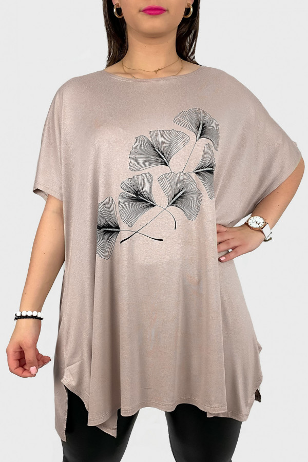 Tunika plus size luźna bluzka z wiskozy w kolorze beżowym liście bloom