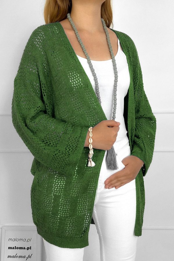 Sweter damski ażurowa duża narzutka w kolorze zielonym oliwka Irene