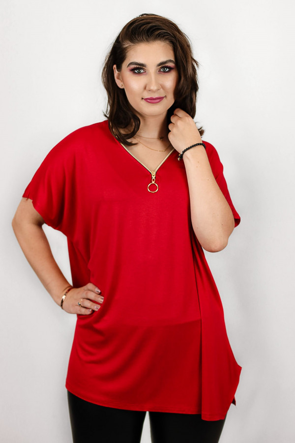 Bluzka tunika damska plus size z wiskozy nietoperz w kolorze czerwonym dekolt zip 1