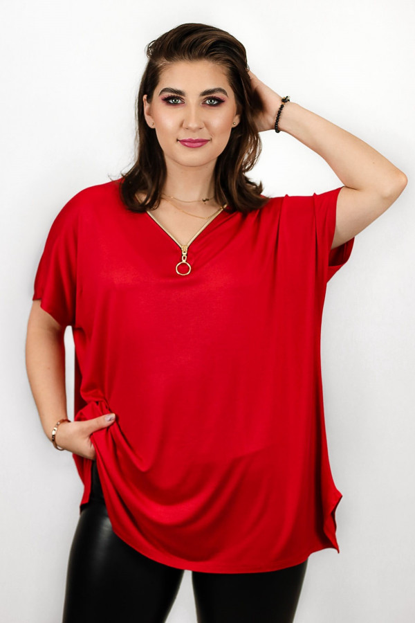 Bluzka tunika damska plus size z wiskozy nietoperz w kolorze czerwonym dekolt zip 2