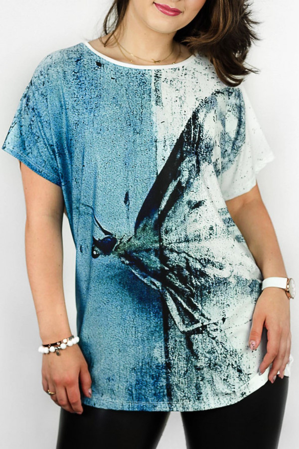 Bluzka damska plus size nietoperz multikolor z nadrukiem motyl niebieski