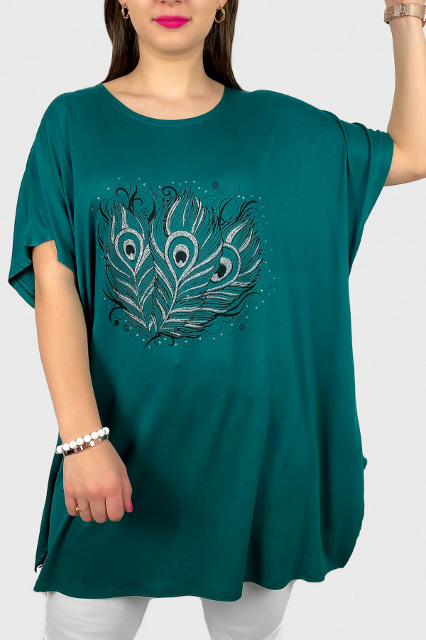 Tunika plus size luźna bluzka z wiskozy w kolorze zielonym trzy pawie pióra