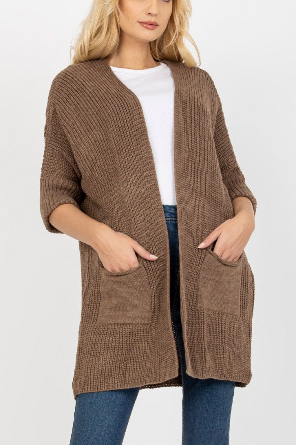 Kardigan sweter damski w kolorze brązowym z kieszeniami luźna narzutka Moreno