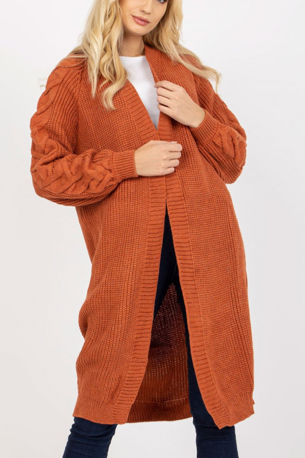 Długi ciepły sweter damski kardigan narzutka w kolorze miedzianym Tess