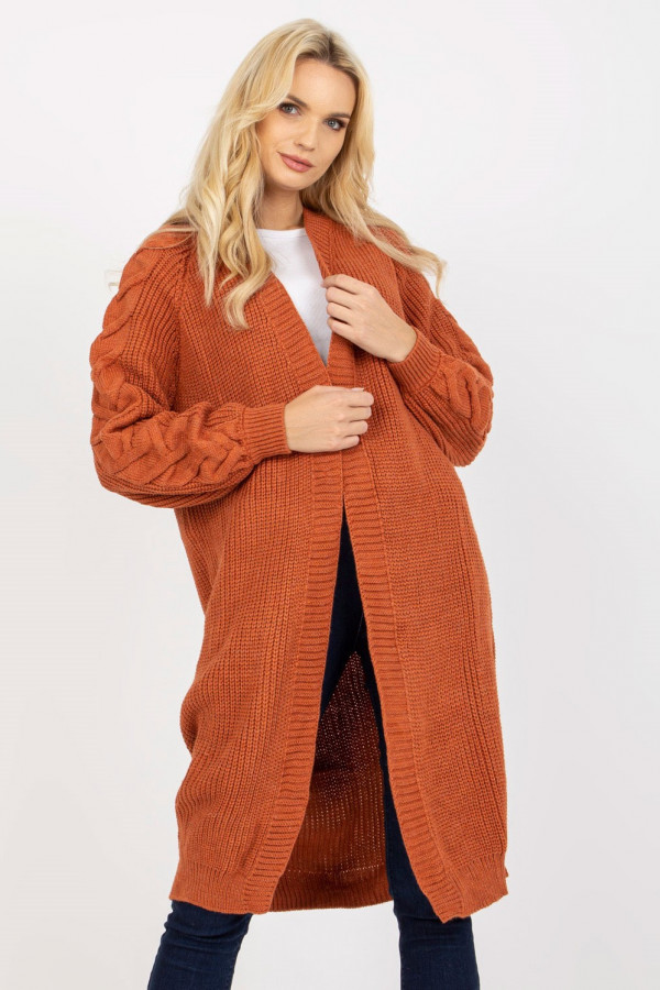 Długi ciepły sweter damski kardigan narzutka w kolorze miedzianym Tess 6