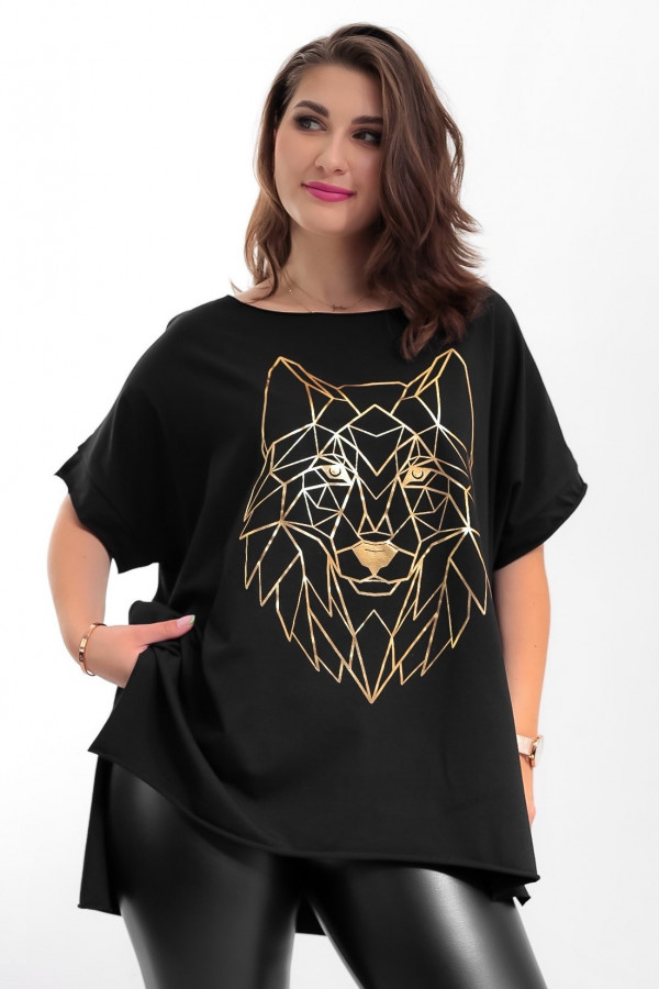 Bluzka damska w kolorze czarnym oversize dłuższy tył print złoty wilk 1