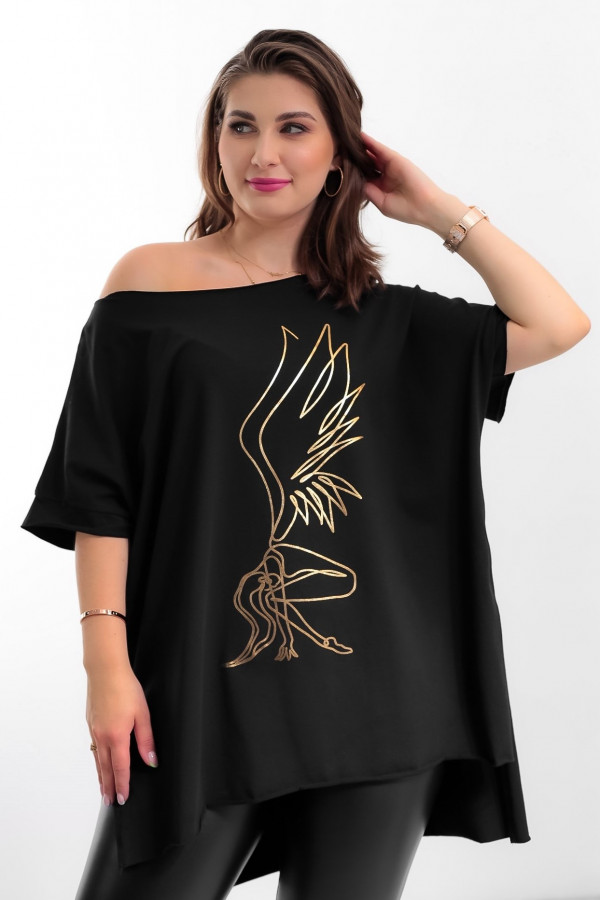 Bluzka damska w kolorze czarnym oversize dłuższy tył print gold fairy 2