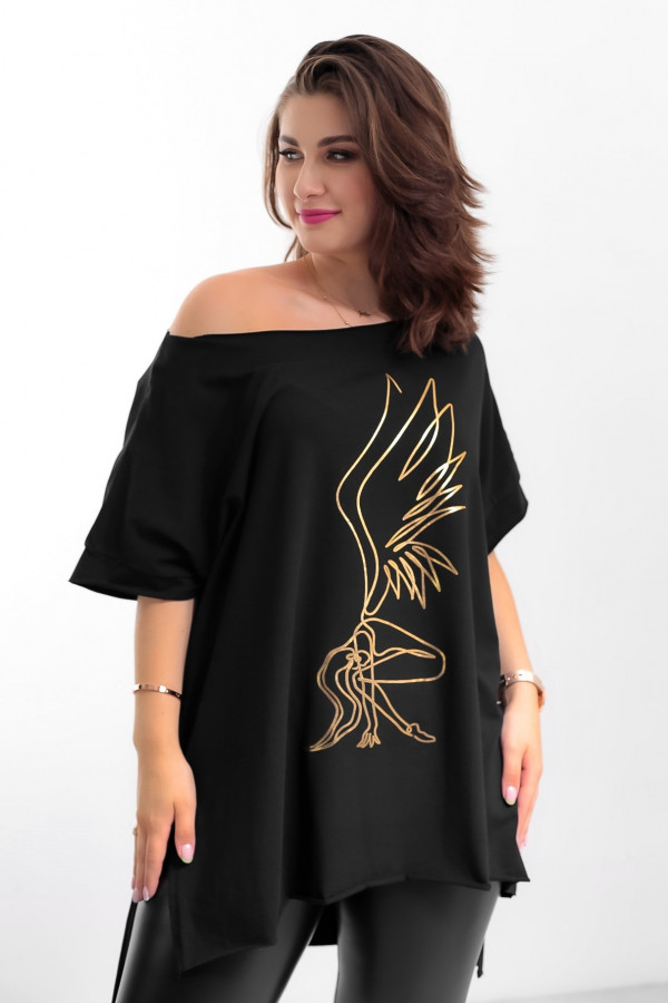 Bluzka damska w kolorze czarnym oversize dłuższy tył print gold fairy 1