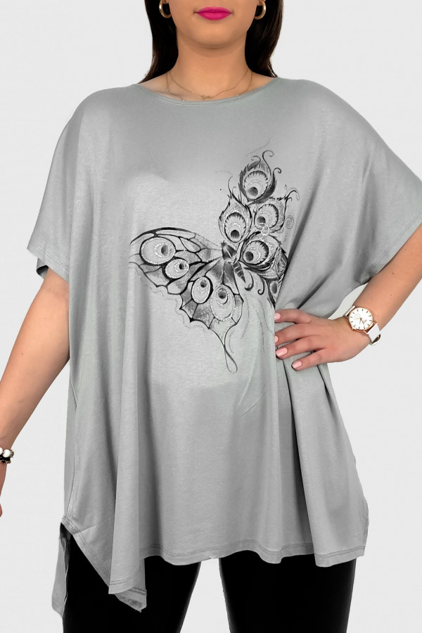 Tunika plus size luźna bluzka z wiskozy w kolorze szarym motyl basma
