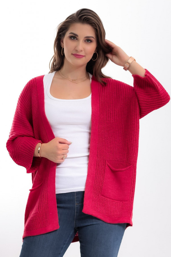 Kardigan sweter damski w kolorze malinowym z kieszeniami luźna narzutka Parma 1
