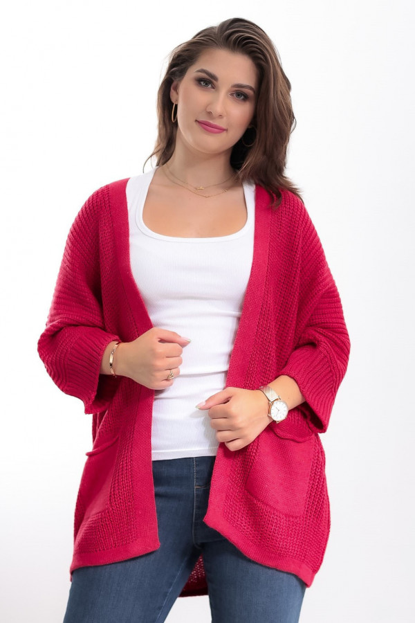 Kardigan sweter damski w kolorze malinowym z kieszeniami luźna narzutka Parma 2