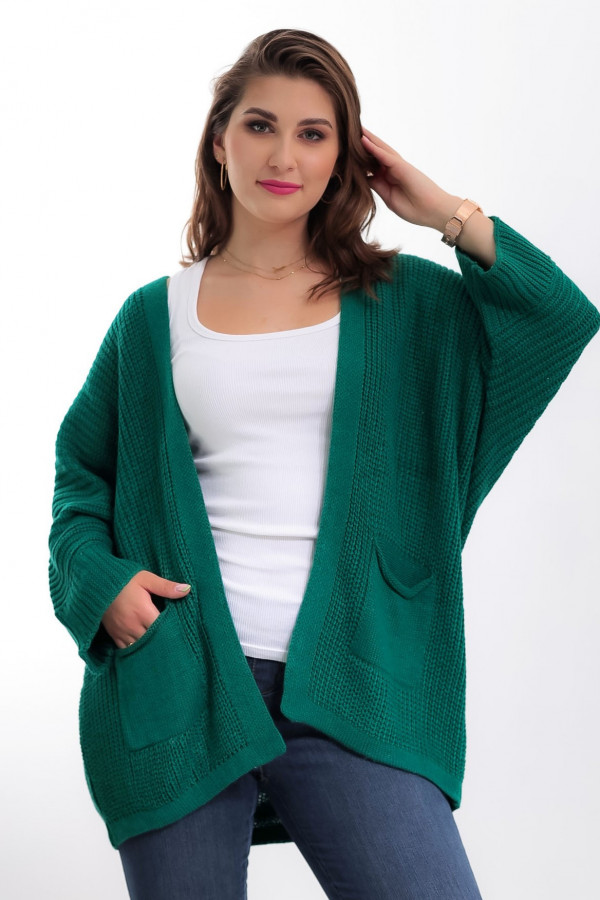 Kardigan sweter damski w kolorze ciemnej zieleni z kieszeniami luźna narzutka Parma 1