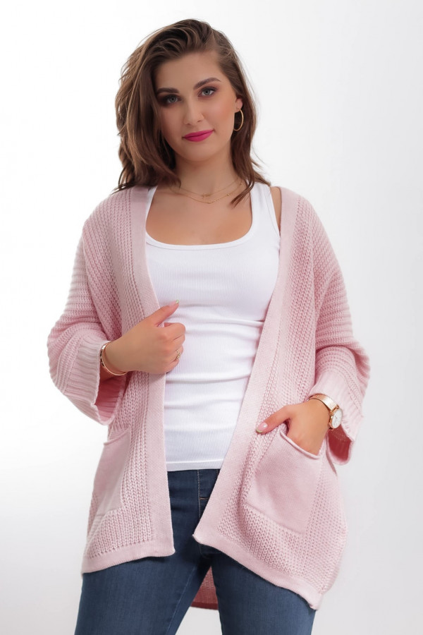 Kardigan sweter damski w kolorze pudrowym z kieszeniami luźna narzutka Parma 1