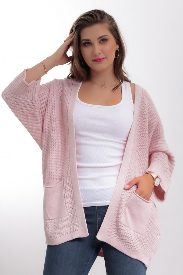 Kardigan sweter damski w kolorze pudrowym z kieszeniami luźna narzutka Parma 2