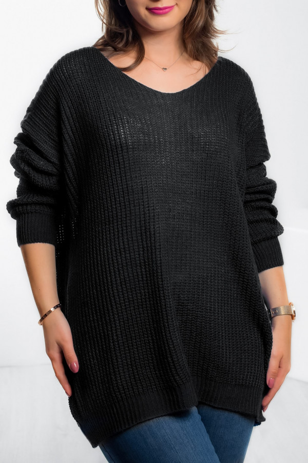 Duży oversize sweter damski w kolorze czarnym dekolt V nietoperz Adel