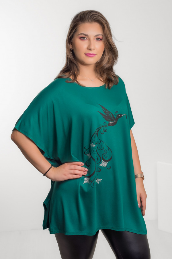 Tunika plus size luźna bluzka z wiskozy w kolorze zielonym ptak