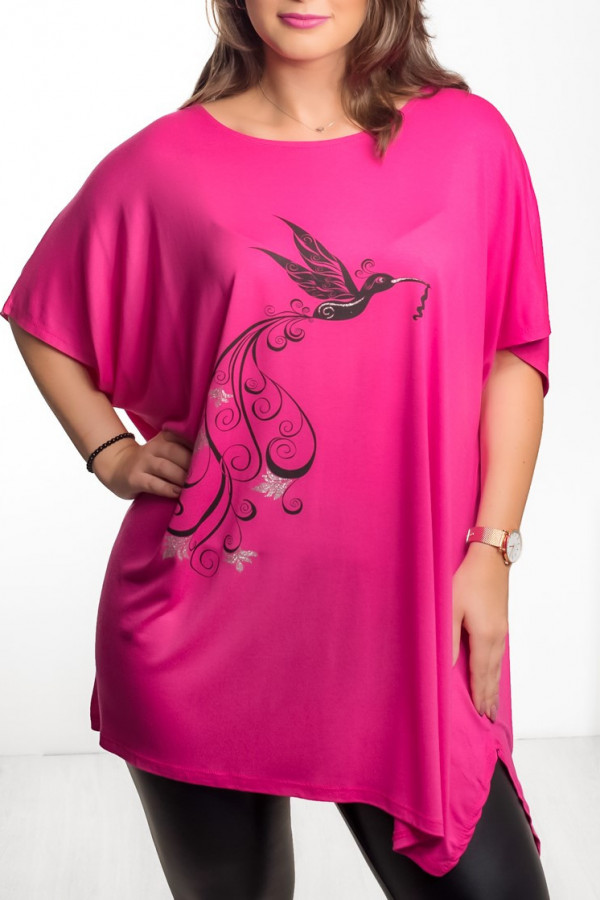 Tunika plus size luźna bluzka z wiskozy w kolorze fuksji ptak
