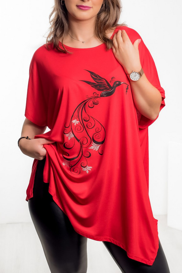 Tunika plus size luźna bluzka z wiskozy w kolorze czerwonym ptak