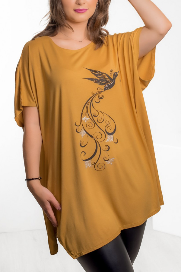 Tunika plus size luźna bluzka z wiskozy w kolorze musztardowym ptak