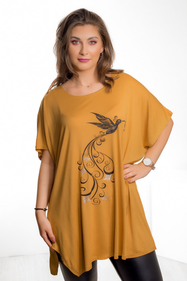 Tunika plus size luźna bluzka z wiskozy w kolorze musztardowym ptak 2