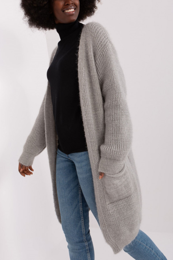 Kardigan sweter damski w kolorze szarym z kieszeniami milutka narzutka Anika
