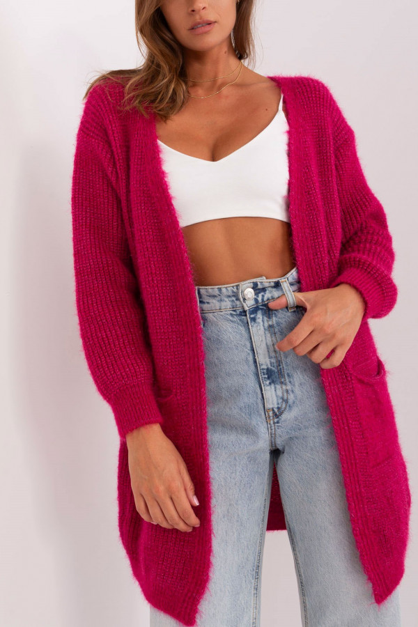 Kardigan sweter damski w kolorze ciemnej fuksji z kieszeniami milutka narzutka Anika