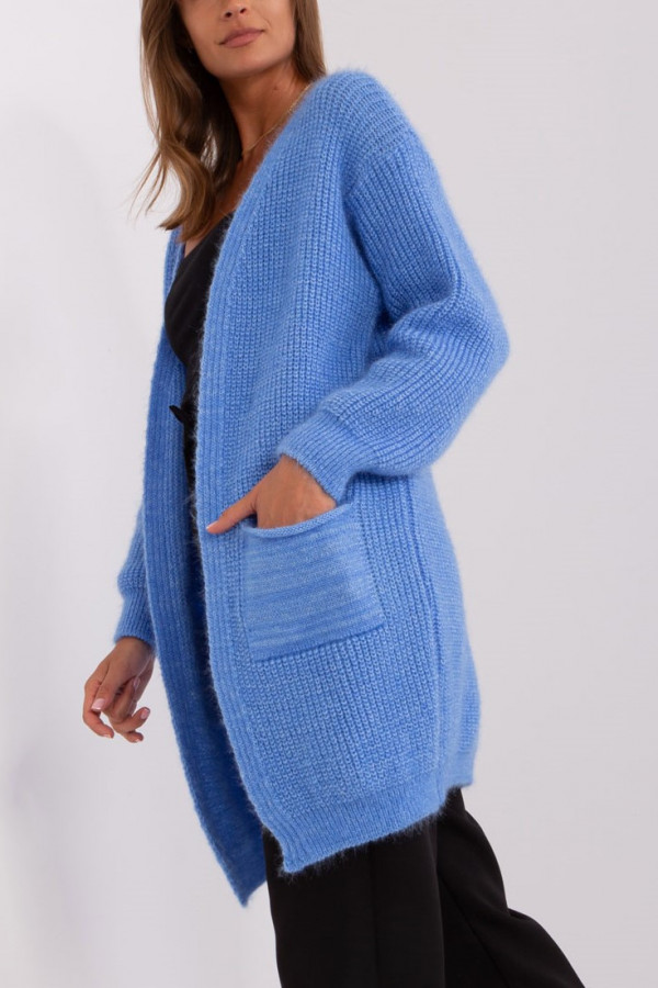 Kardigan sweter damski w kolorze niebieskim z kieszeniami milutka narzutka Anika