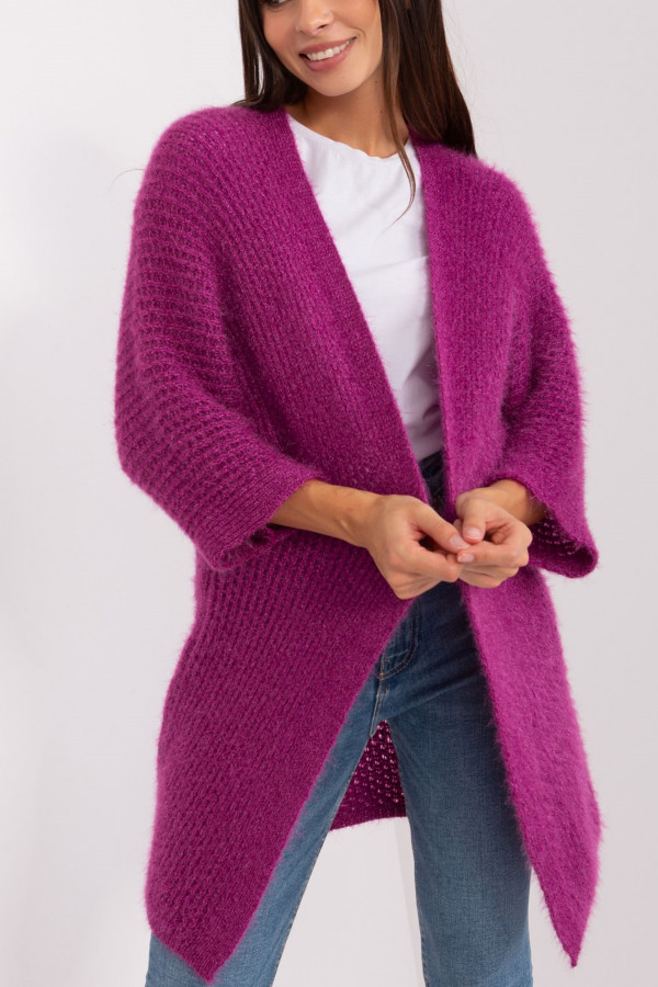 Ciepły kardigan sweter damski w kolorze fioletowym milutka narzutka rękaw 3/4 Elfi