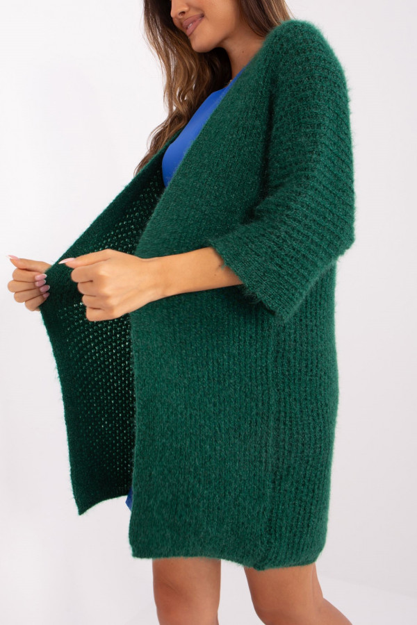 Ciepły kardigan sweter damski w kolorze zielonej butelki milutka narzutka rękaw 3/4 Elfi