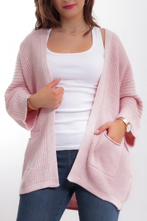 Kardigan sweter damski w kolorze pudrowym z kieszeniami luźna narzutka Parma