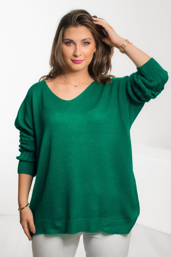 Duży oversize sweter damski w kolorze zielonym dekolt V rękaw ściągacz Maren 3