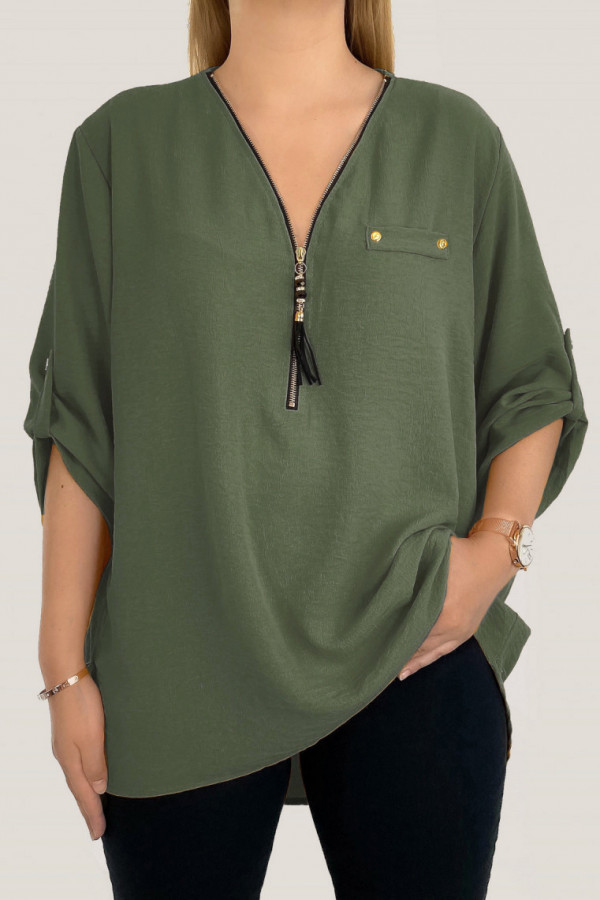 Elegancka bluzka koszula w kolorze zielonym khaki dekolt zamek ZIP secret