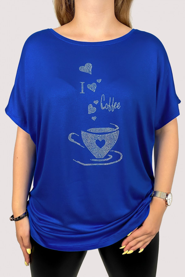 Bluzka damska plus size z wiskozy w kolorze kobaltowym dżety i love coffee filiżanka