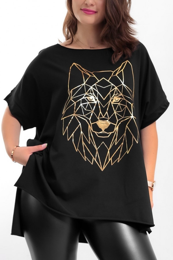 Bluzka damska w kolorze czarnym oversize dłuższy tył print złoty wilk
