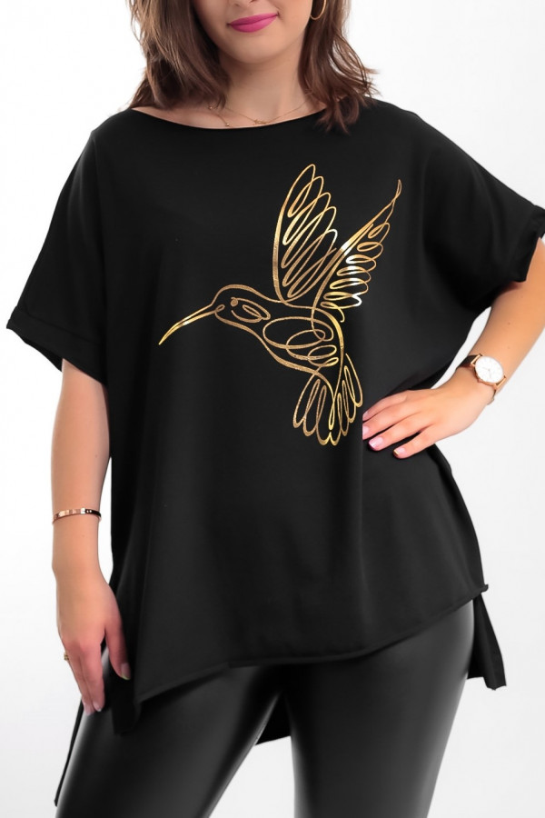 Bluzka damska w kolorze czarnym oversize dłuższy tył print złoty ptak koliber