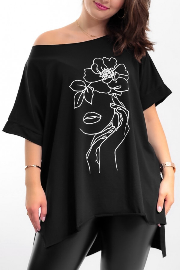 Bluzka damska w kolorze czarnym oversize dłuższy tył print line art flower face